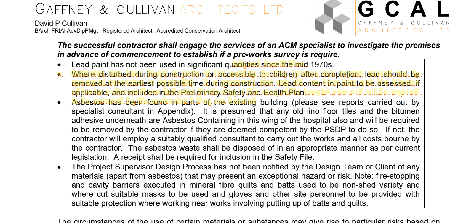 Excerpt from 1_03.Exact Tender Issued-03.Exact Tender Issued-26-039 GCAL  CCRFC PHSP ver 1.pdf page 9 highlighting: 'Asbestos has been found in parts of the existing building (please see reports carried out by specialist consultant in Ap…'